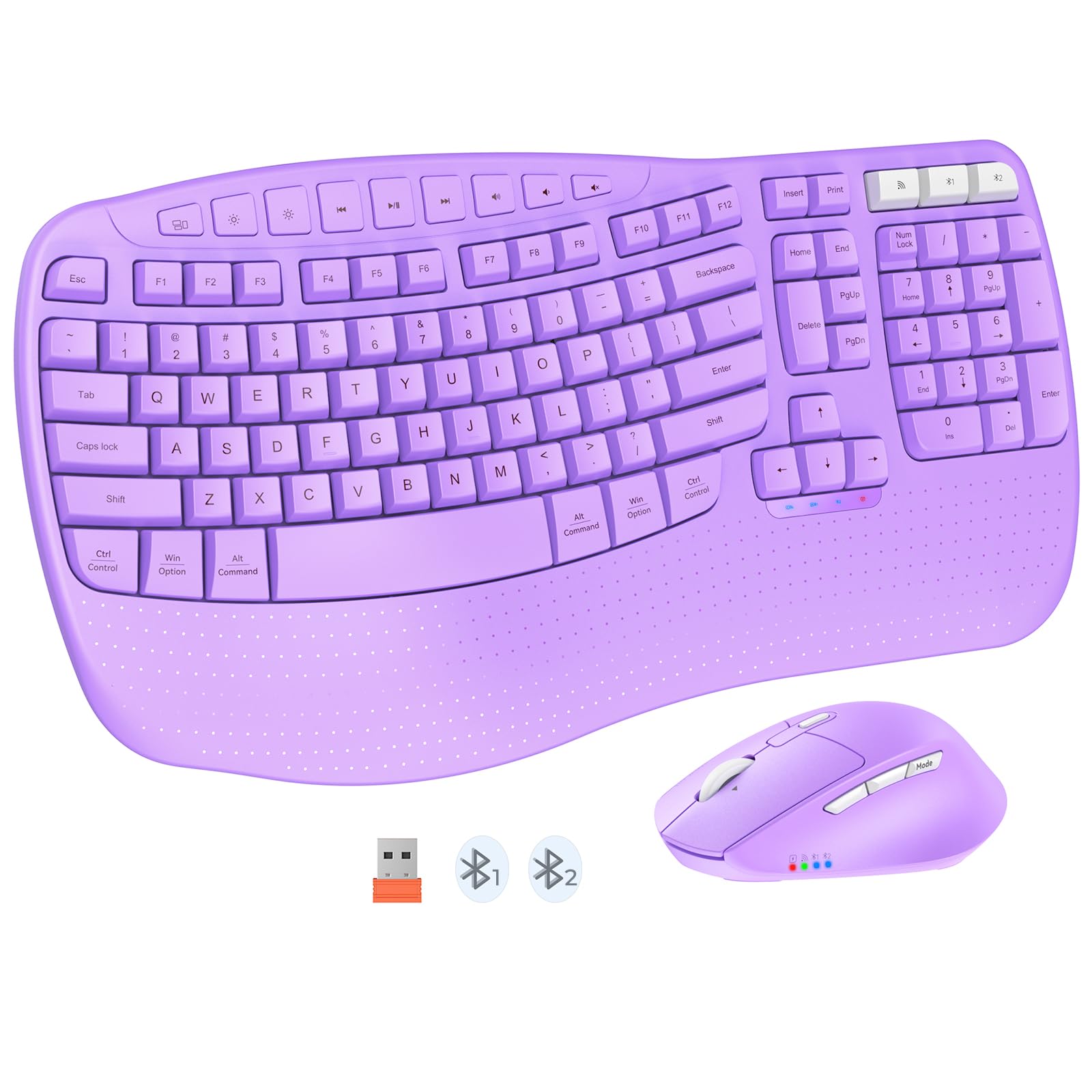 Photo 1 of MEETION Wave Ergonomic Keyboard and Mouse Wireless, USB/Bluetooth Wave Ergo Keyboard with Wrist Rest, 4 DPI Adjustable Swing Wheel Silent Wireless Mouse Rechargeable for Windows/Mac/Android, Purple