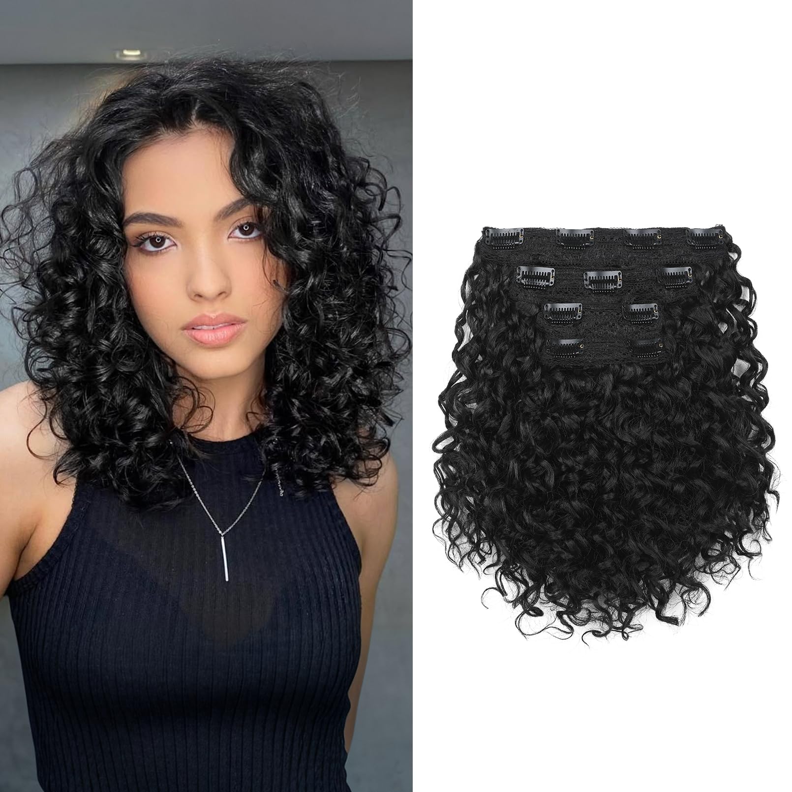 Photo 1 of FLUFYMOOZ 4PC Clip in Hair Extensions, 10 Inch 100? Pure Protein Silk Short Hairpiece Deep Curly Wavy Hair Extensions Clip in Natural Soft Hairpiece for Women-Black
