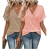 2PCS T Shirts Short Sleeve V Neck Tees Womens Tops Fashion Beach Vacation Clothes 2026 Casual Summer Spring Outfits