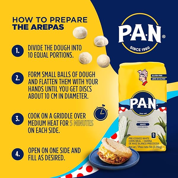 P.A.N. WHITE CORN MEAL – PRE-COOKED GLUTEN FREE AND KOSHER FLOUR FOR AREPAS (5 LB/PACK OF 1)