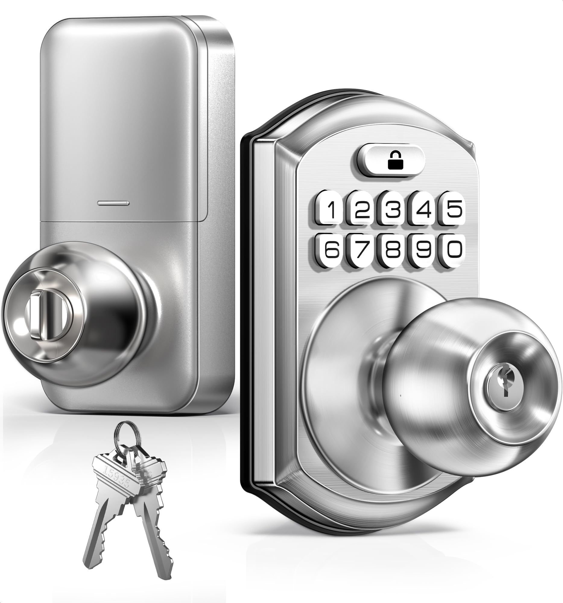 Photo 1 of TEEHO Keyless Entry Keypad Door Lock with Handle, Electronic Digital Smart Locks for Front Door, Easy to Install Keypad Deadbolt with Code for Bedroom, Anti-Peeping Password - Nickel