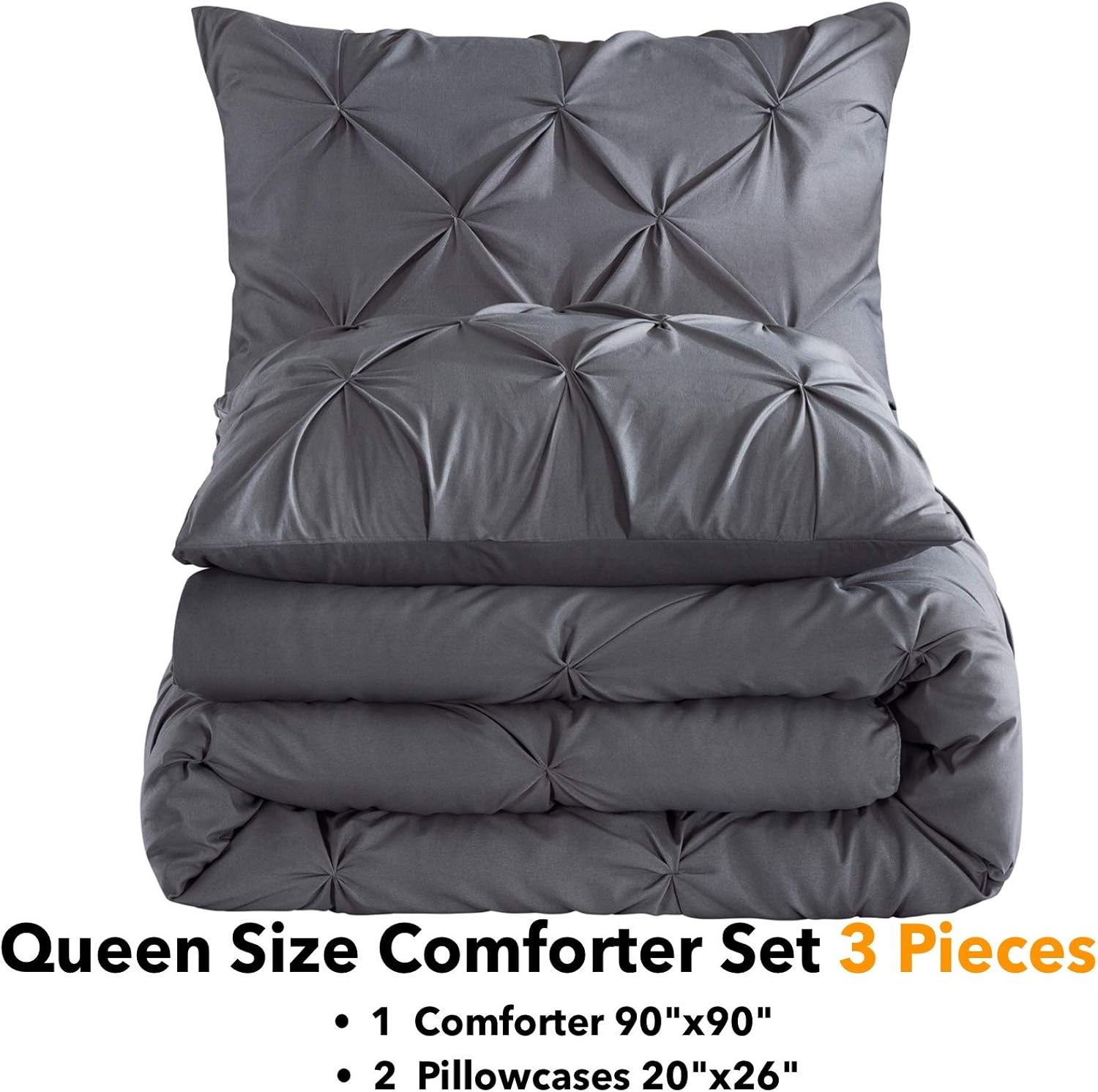 Andency Dark Gray Pinch Pleat Comforter Queen(90x90Inch), 3 Piece(1 Pintuck Comforter and 2 Pillowcases) Grey Pintuck Microfiber Down Alternative Comforter Bedding Set: Kitchen & Dining