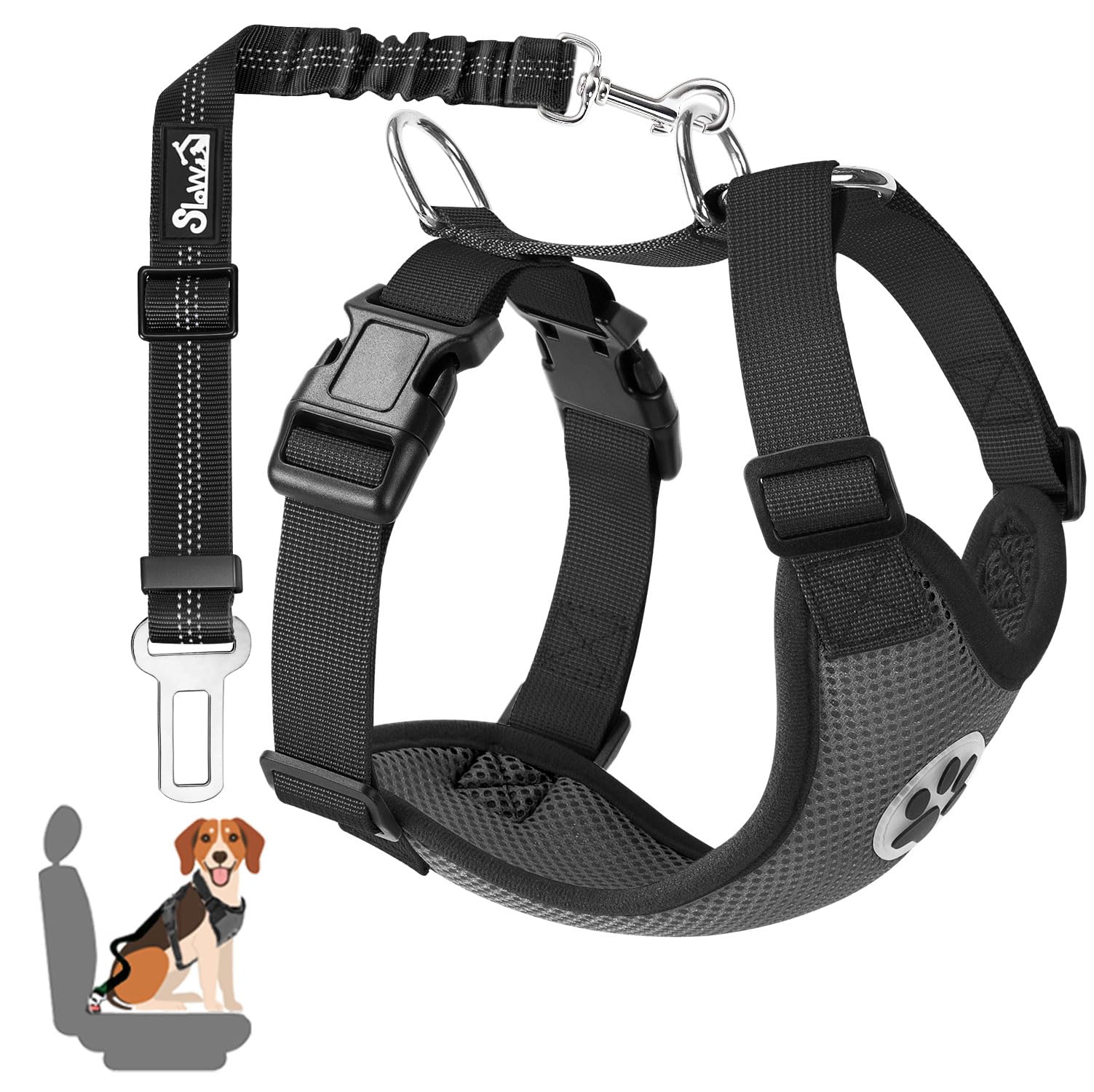 SlowTon Dog Car Harness Seatbelt Set, Pet Vest Harness with Safety Seat Belt for Trip and Daily Use Adjustable Elastic Strap and Multifunction Breathable Fabric Vest in Vehicle for Dogs