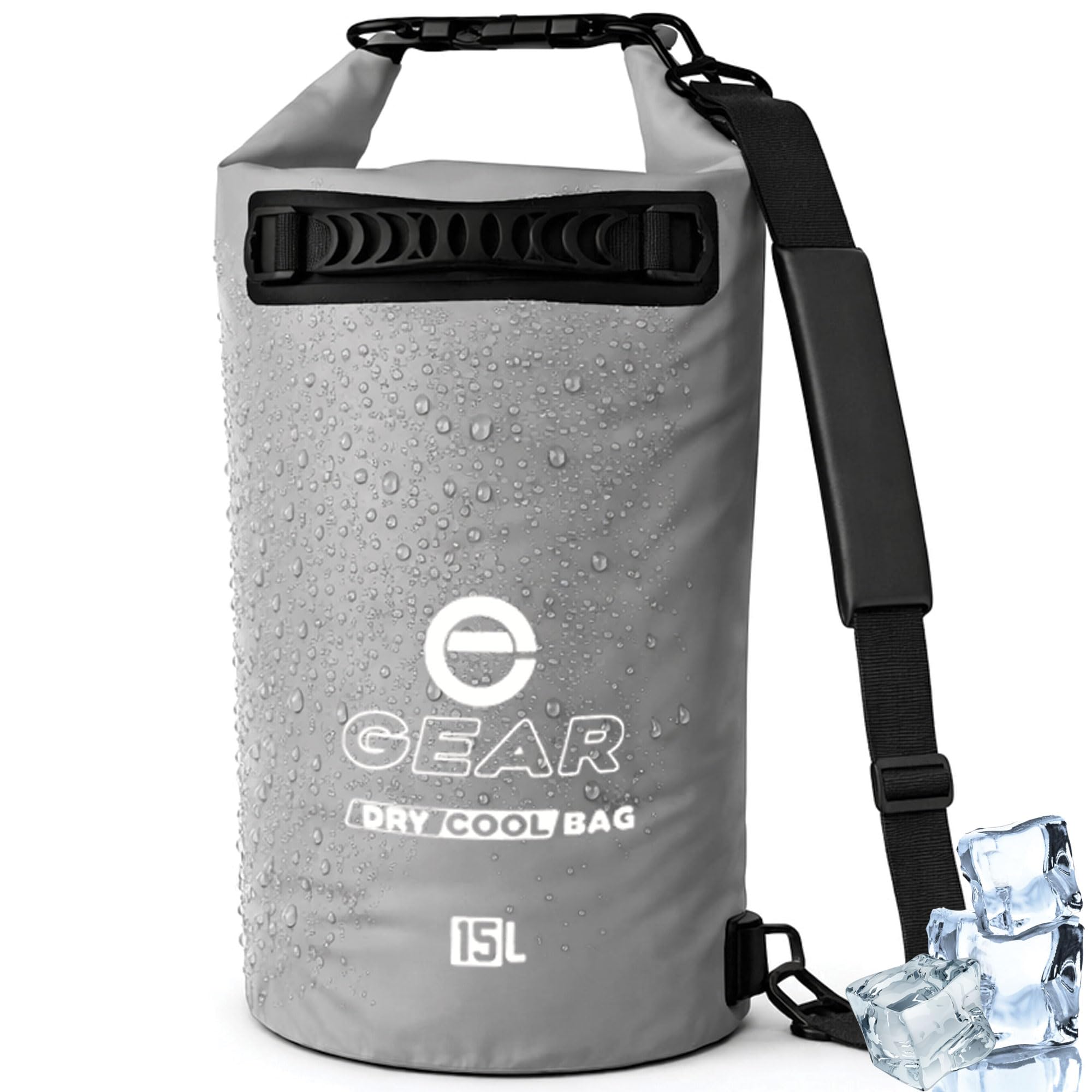 Enthusiast Gear Insulated Dry Bag Cooler | Waterproof Cooler for Kayaking, Hiking, Lunch, Fishing, and Beach – Leak Proof, Waterproof, Collapsible, with Padded Shoulder Strap (15L) - Grey