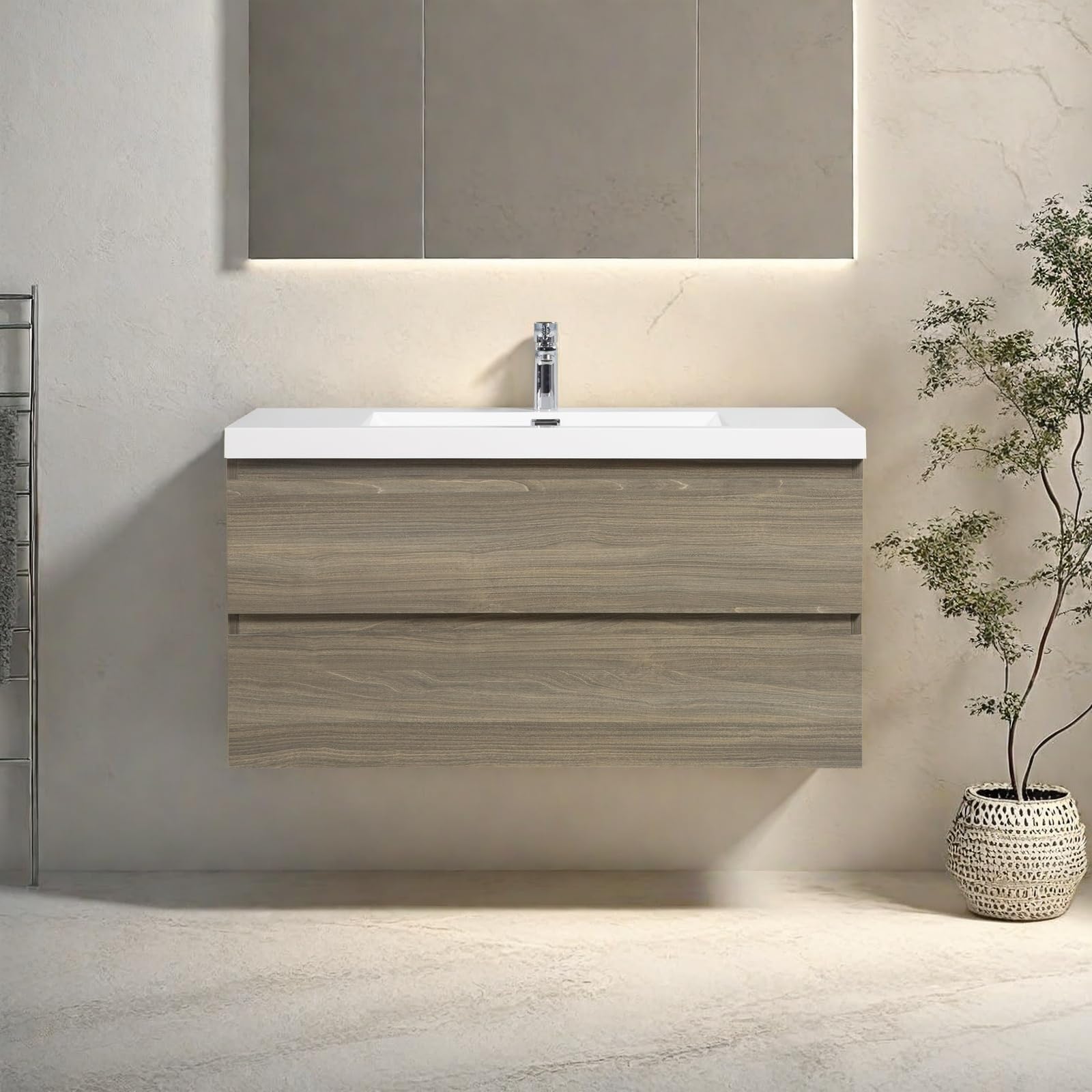 Photo 1 of Trygoal Floating Bathroom Vanity with Sink, Modern 42" Wall Mounted Vanity with Resin Top Basin and 2 U-Shaped Soft-Close Storage Drawers, Bathroom Storage Cabinet with Invisible Handle, Grey