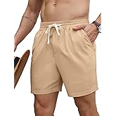 PLEPAN Mens 5 Inch Linen Shorts - Casual Elastic Waist Drawstring Summer Beach Shorts with Pocket