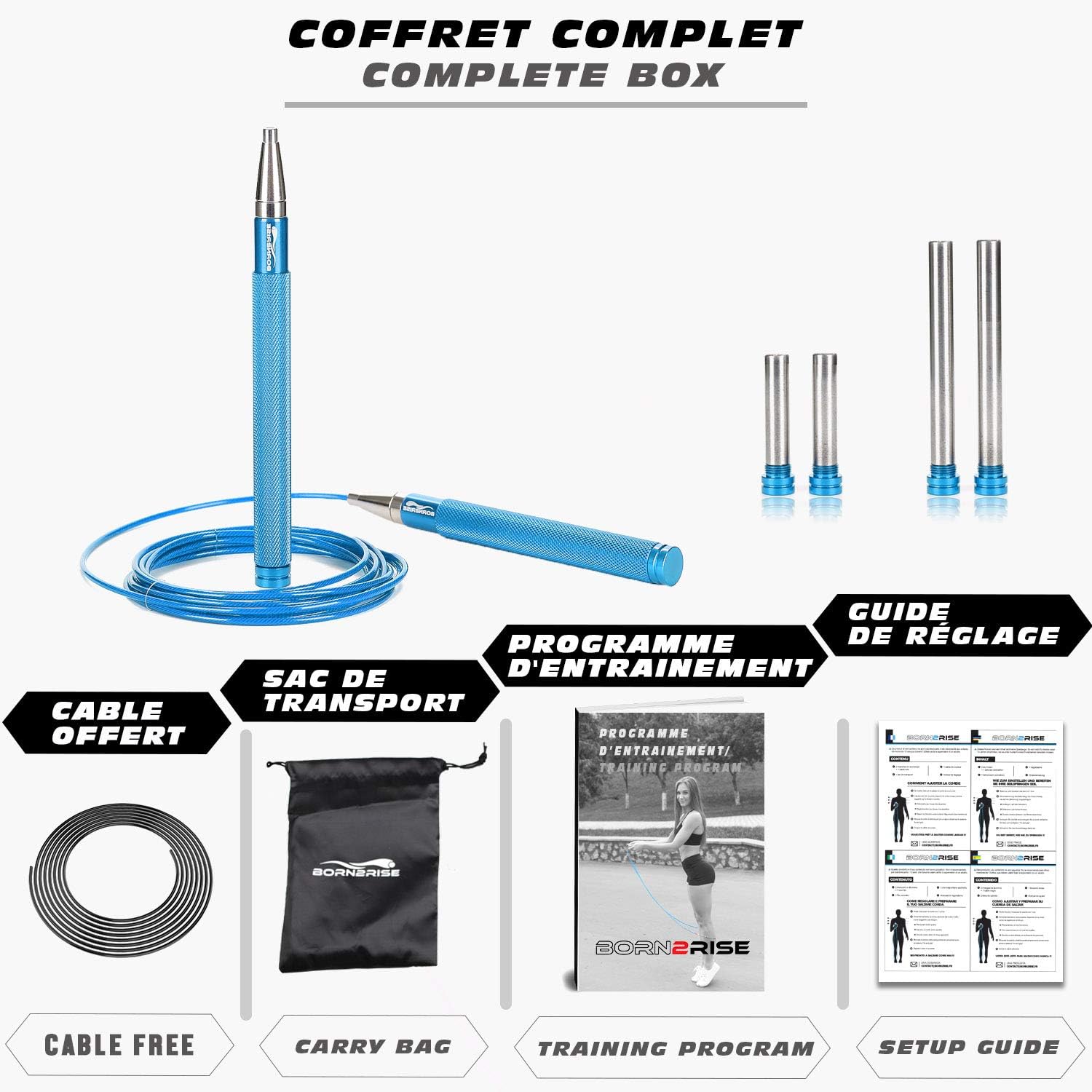 born2rise TM – Aluminium Handles – Crossfit Skipping Rope Boxing Fitness – Lifetime Guarantee – A Jumping Rope for Adults, Men, Women, Pro Speed, WOD, Workout, Gym, Sports, Thai, RX – Steel Cable and Double Unders – Rogue Quality, Everlast, born2rise