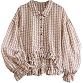 WDIRARA Women's Plus Size Gingham Plaid Button Down Shirts Flounce Long Sleeve Ruffle Blouse Crop Top