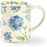 LINVIA 18 oz Large Ceramic Coffee Mug, Porcelain Tea Cup with Big Handle | Garden Floral Teacup, Microwave Dishwasher Safe (Summer, Blue Hydrangea)