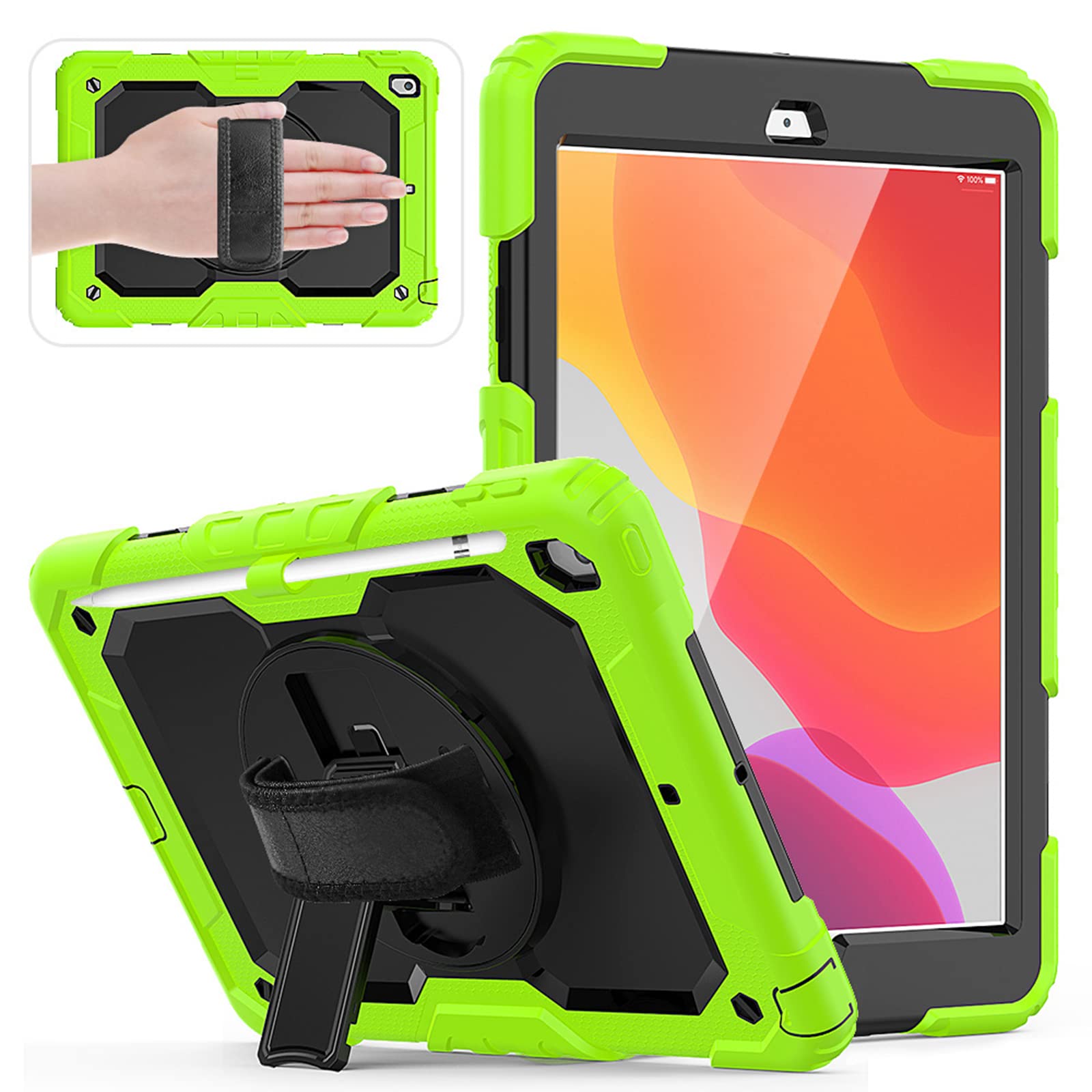 HUEZOE Case Compatible with iPad 10.2 Inch, 2021/2020/2019 Model, Full Body Shockproof Protective Cover with 360 Degree Rotating Stand Hand Strap Shoulder Strap for iPad 9/8/7 Generation, Green