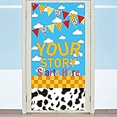 Frienda Cartoon Story Classroom Door Banner Decoration Blue Sky White Cloud | Back to School, Birthday Party Decoration Supplies, Your Story Starts Here, Party Door Background Banner
