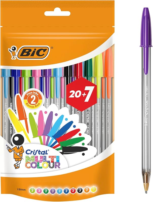 Cristal Multicolour Stylos-Bille Pointe Large (1,6 mm) - Écriture Vive et Colorée - Couleurs Assorties, Pochette Refermable de 20+7