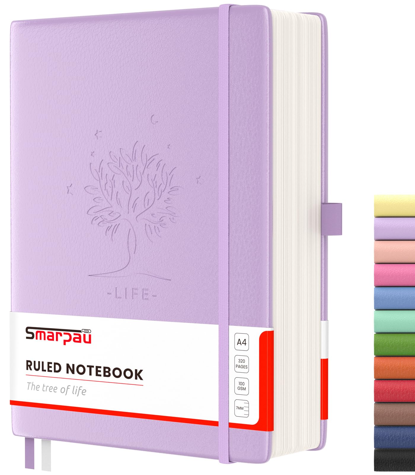 Smarpau Large A4 Lined Notebook, 320 Pages Thick Leather Journal 100gsm No Bleed Paper with Index Tabs, Hardcover Journal Notebook for Women Men Work School Office - Purple