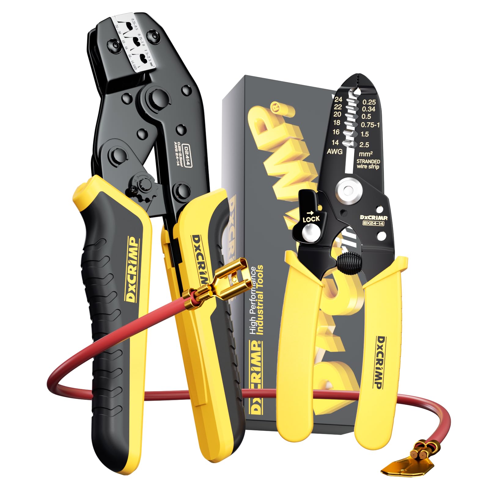 DxCRIMP Ratcheting Open-Barrel Crimping Tool Kit with Wire Stripper — Ratcheting Crimper Tools for 0.5-2.5 mm² Spade & Open Terminals, Pro Tool, Adjustable Ratchet Crimper for Automotive, Marine & DIY