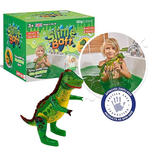 ZIMPLI Slime Baff Green with Inflatable Dinosaur, 1 Bath or 4 Play Uses, Magically turns water into thick, gooey slime, Dino Toys for Boys age 3+
