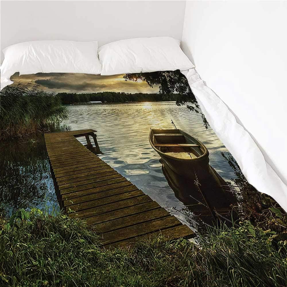 Breathable Blanket Seascape, Boat at The Lake Sunbeams Home Decor Bed Blanket Breathable, Comfortable, Hypo-Allergenic 30 x 50 Inch