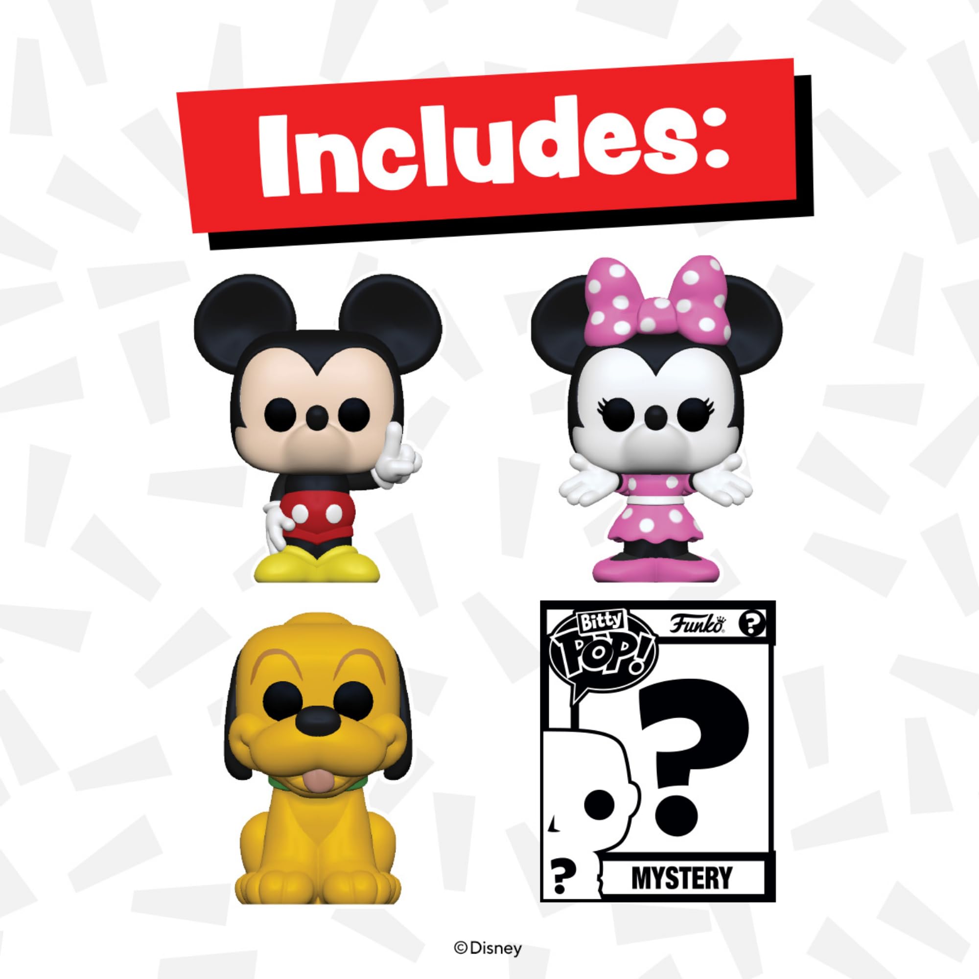 Funko Bitty POP! Disney - Mickey, 4-Pack - Mickey Mouse, Minnie Mouse (Pink Dress), Pluto and A Surprise Mystery Mini Figure - 0.9 Inch (2.2 Cm) Collectable - Stackable Display Shelf Included