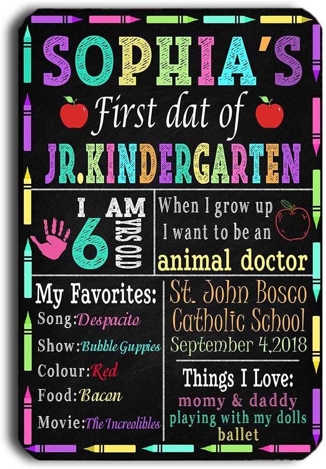 TJ Colour Pencil First Day of School Reusable Easy Clean Metal Tin Apple Back to School Chalkboard Style Photo Prop Metal Sign 8'' x 12''- Customizable with Liquid Chalk Markers