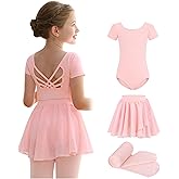 MdnMd Girls Ballet Leotards Combo with Tights Skirt Removable Toddler Ballerina Dance Dresses Soft Outfit Short Sleeve