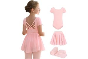 MdnMd Girls Ballet Leotards Combo with Tights Skirt Removable Toddler Ballerina Dance Dresses Soft Outfit Short Sleeve