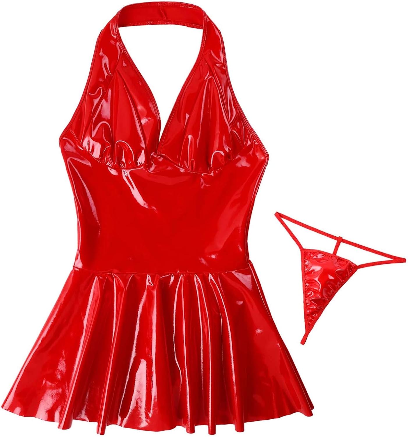 Agoky Damen Lackleder Kleid - Wetlook Corsagenkleid Punk Rock Style