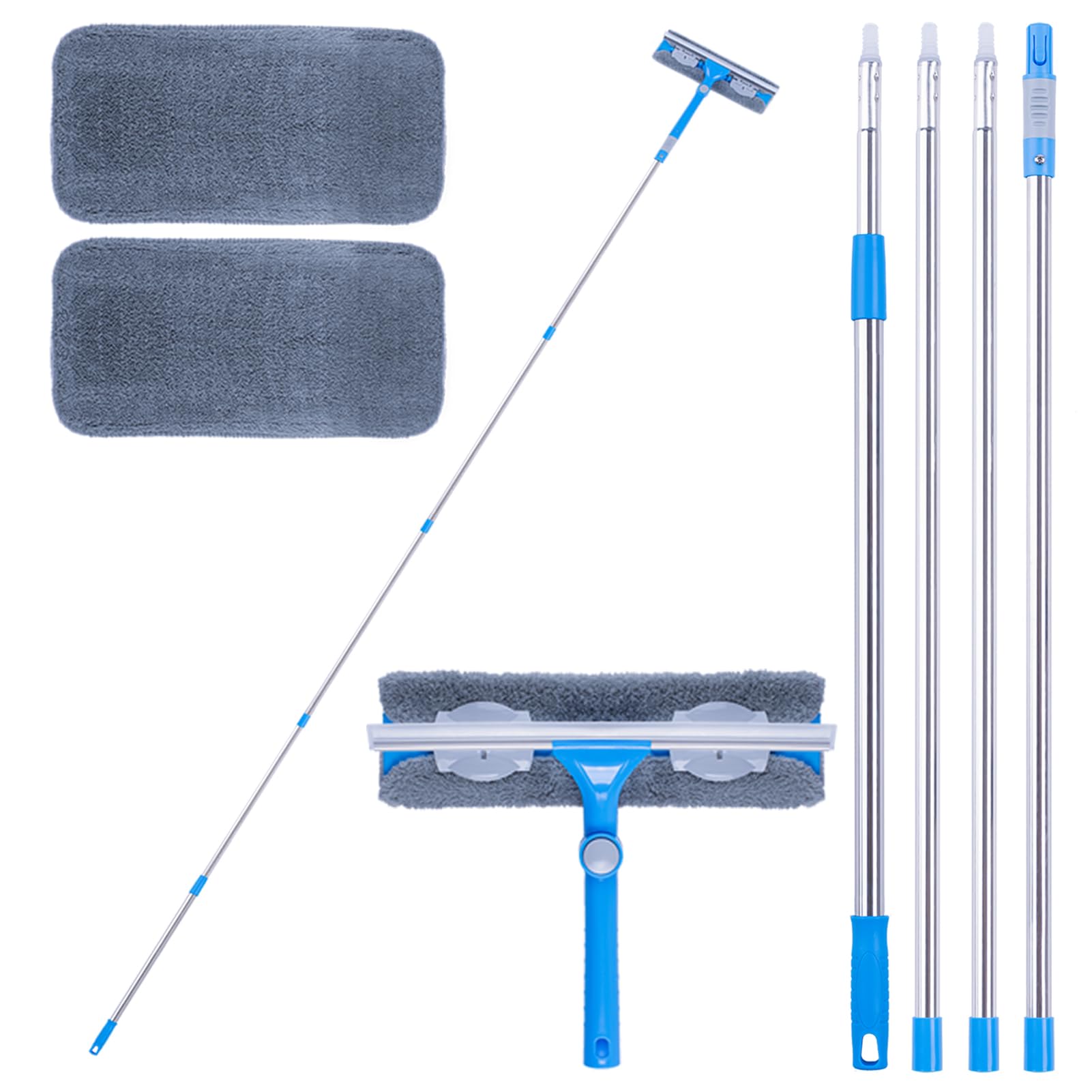 Mitclear 12 Foot (3.7m) Window Squeegee Cleaner Kit, Extension Poles + Silicone Squeegee (12in) + Window Washer, 2 in 1 Windows Glass Cleaning Tool for Indoor/Outdoor High Windows, Blue (IKU-110370)