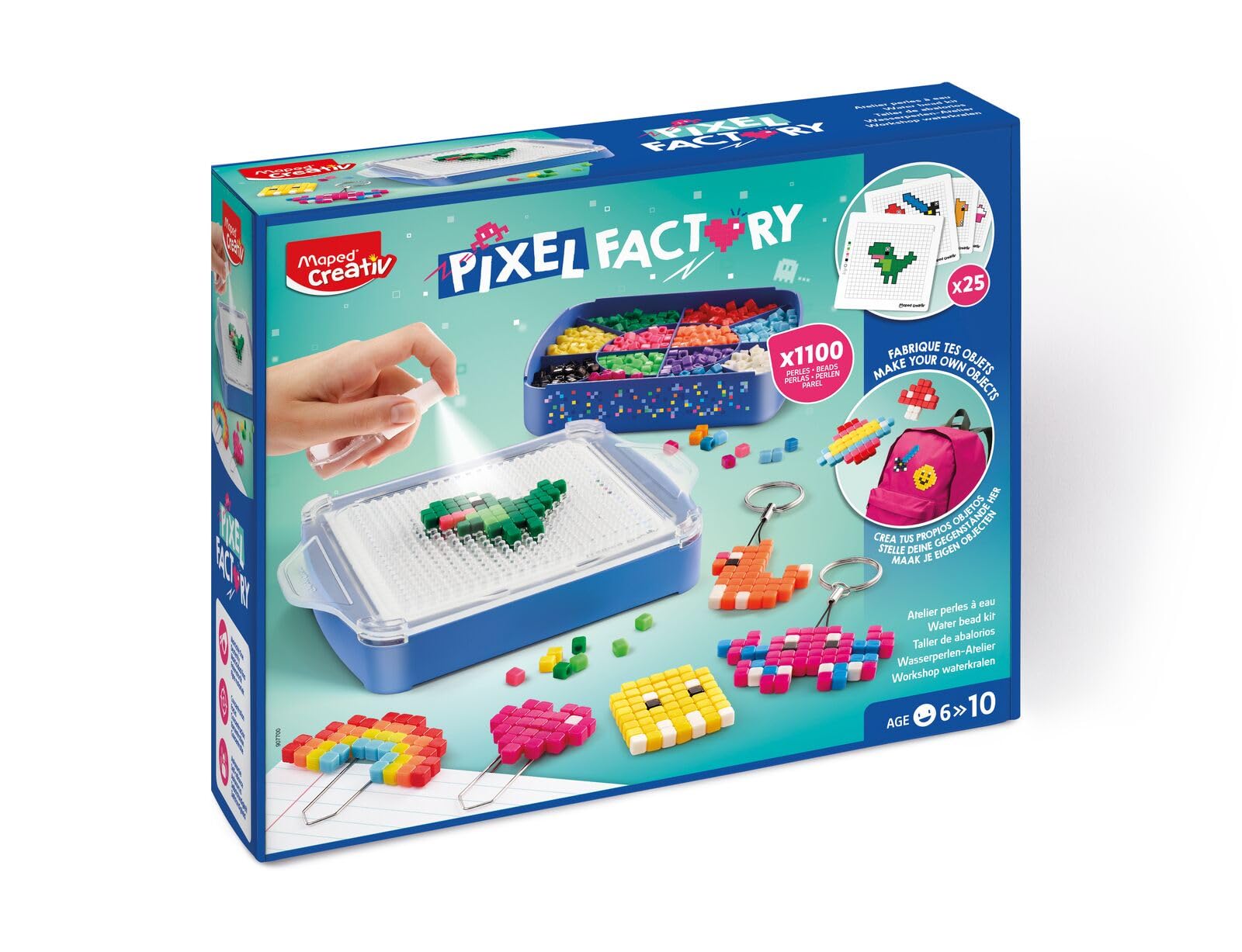 Maped Creativ Pixel Factory Complete Kit for Making Pixel Art Style Water Beads Models, Square Water Beads, Creative Grid & Accessories - Manual Activity from 6 Years, Blue