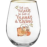 Stemless Wine Glasses - Heartfelt Collection - Fall and Thanksgiving Stemless Red/White Wine Glass, 20-Ounce, Give Thanks