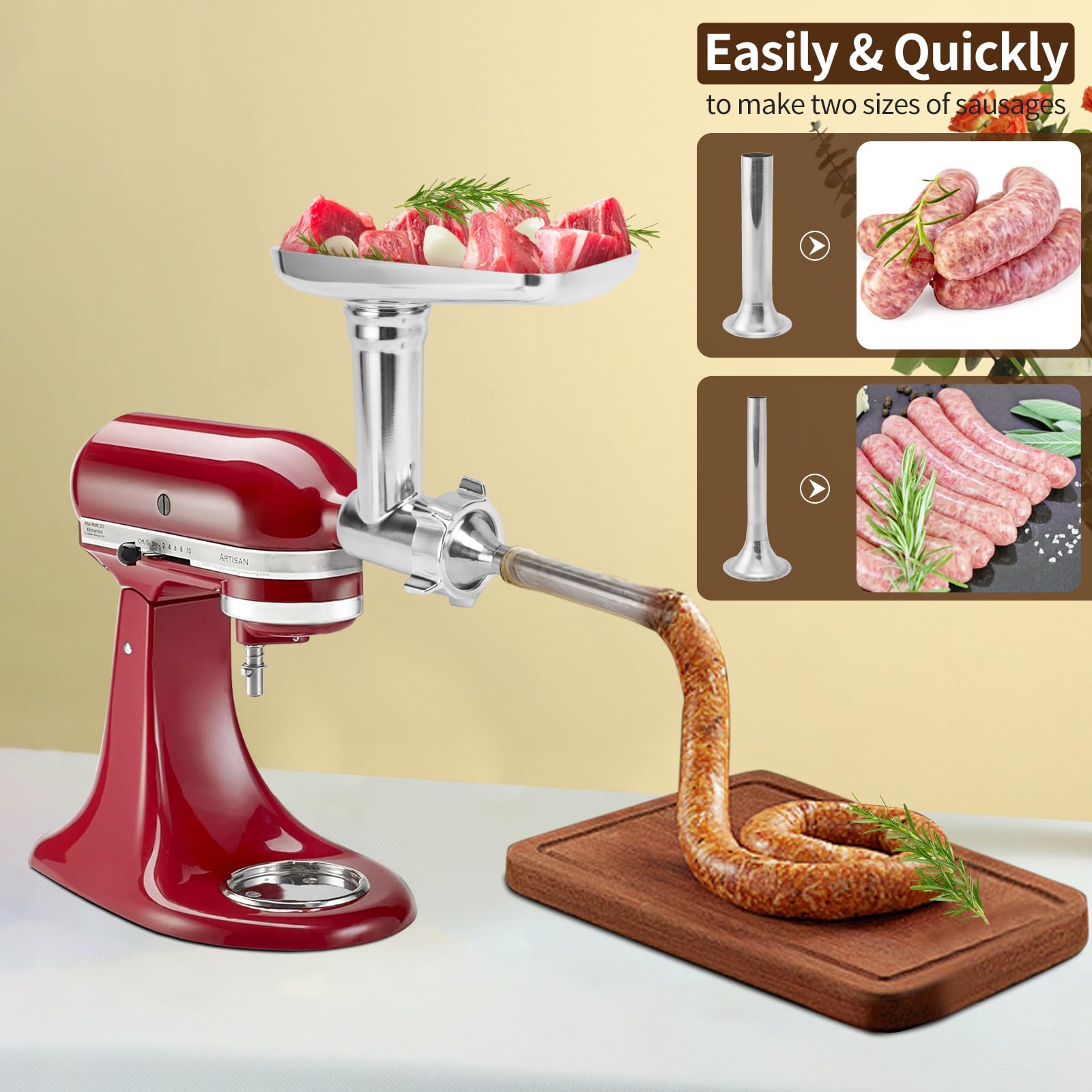 Meat Grinder Attachment for KitchenAid Stand Mixer,Metal food Meat grinder attachment, Perfect Mixer Attachment for KitchenAid Mixers,3 Sausage Stuffer Tubes, Silver
