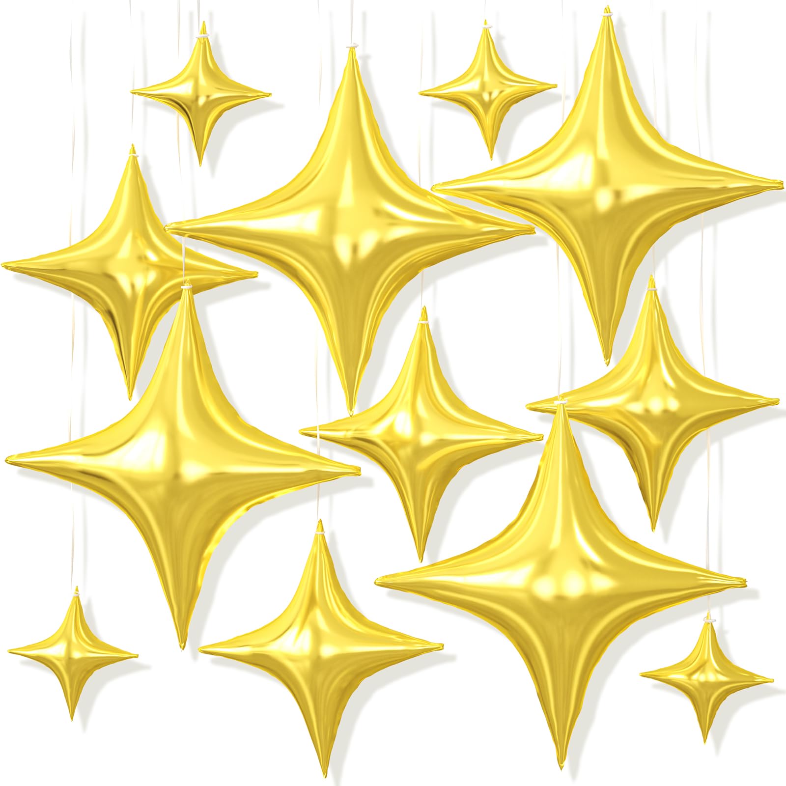 12PCS Gold Star Balloons, 26/18/10 Inch Star Foil Balloons, Metallic Gold Four Pointed Stars Balloon for Birthday Baby Shower Graduation Wedding Engagement Anniversary New Year Party Decorations