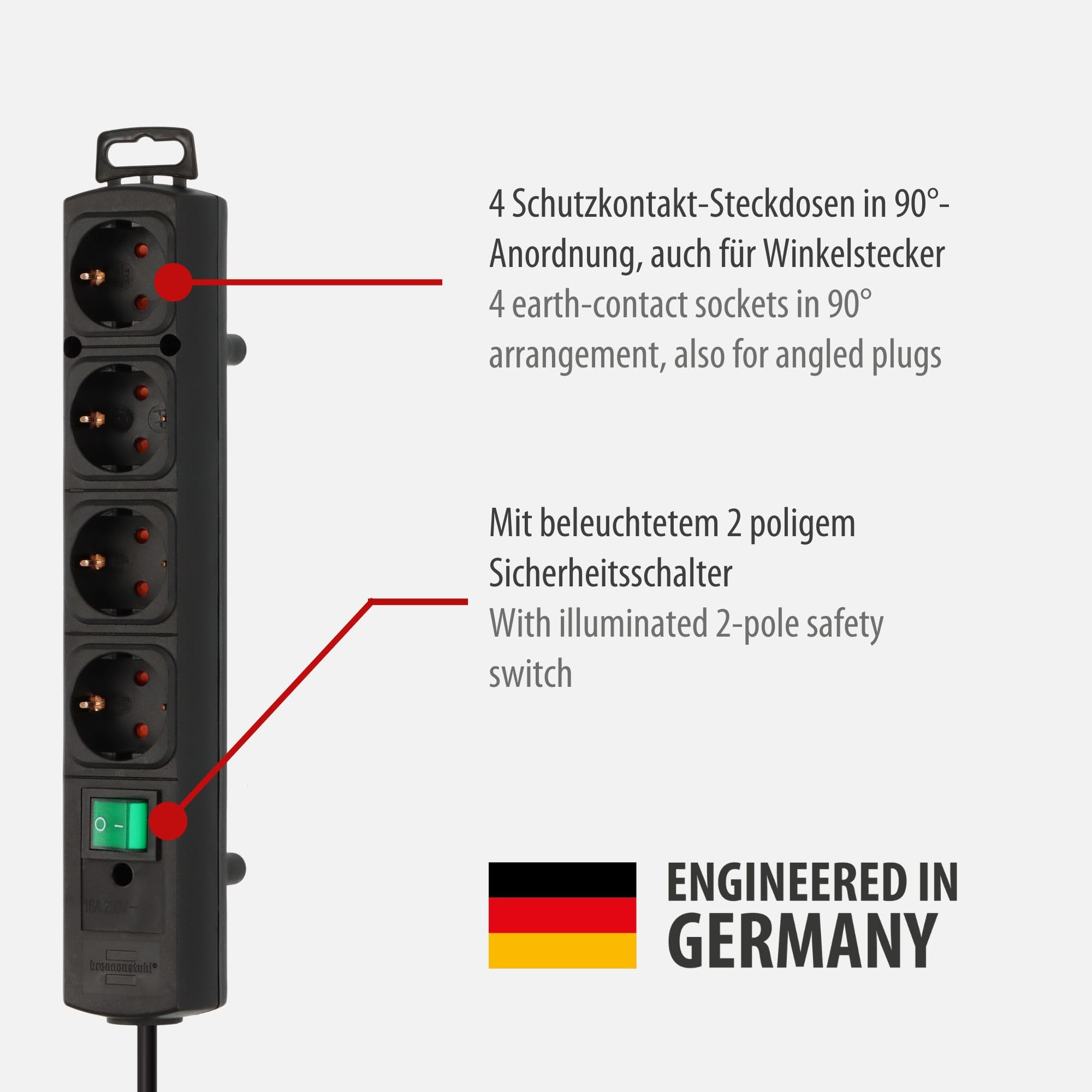 Brennenstuhl Comfort-Line Plus Steckdosenleiste 4-Fach (Mehrfachsteckdose mit Flachstecker, Schalter, 2m Kabel und extra breite Abstände der Steckdosen) schwarz 2
