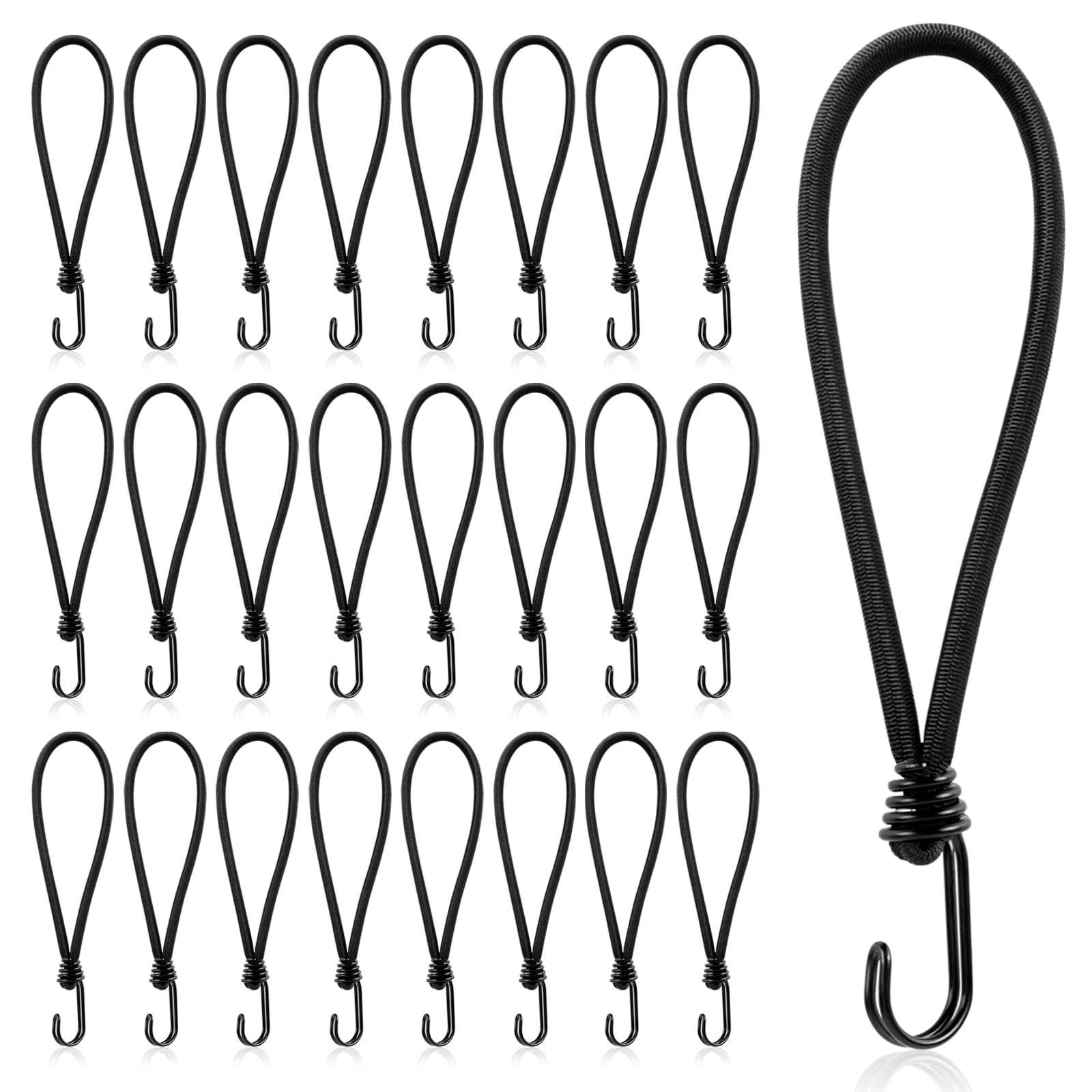 Bungee Cords With Hooks 8 Inch, 24 PCS Small Bungee Cords, Heavy Duty Bungee Straps, Elastic Straps With Hooks for Securing Tarps, Luggage, Tents, Bikes or Caravan Camping (Black)