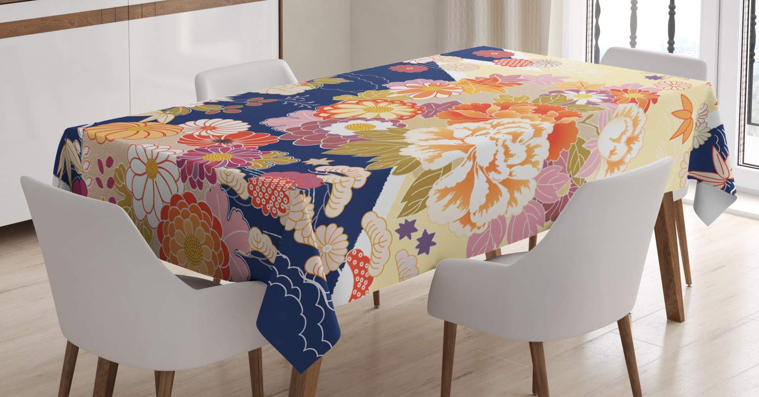 ABAKUHAUS Japanese Tablecloth, Traditional Kimono Motifs Composition Floral Patterns Vintage Artwork, Dining Room Kitchen Table Cover, 54" x 78", Dark Blue Beige — image 1