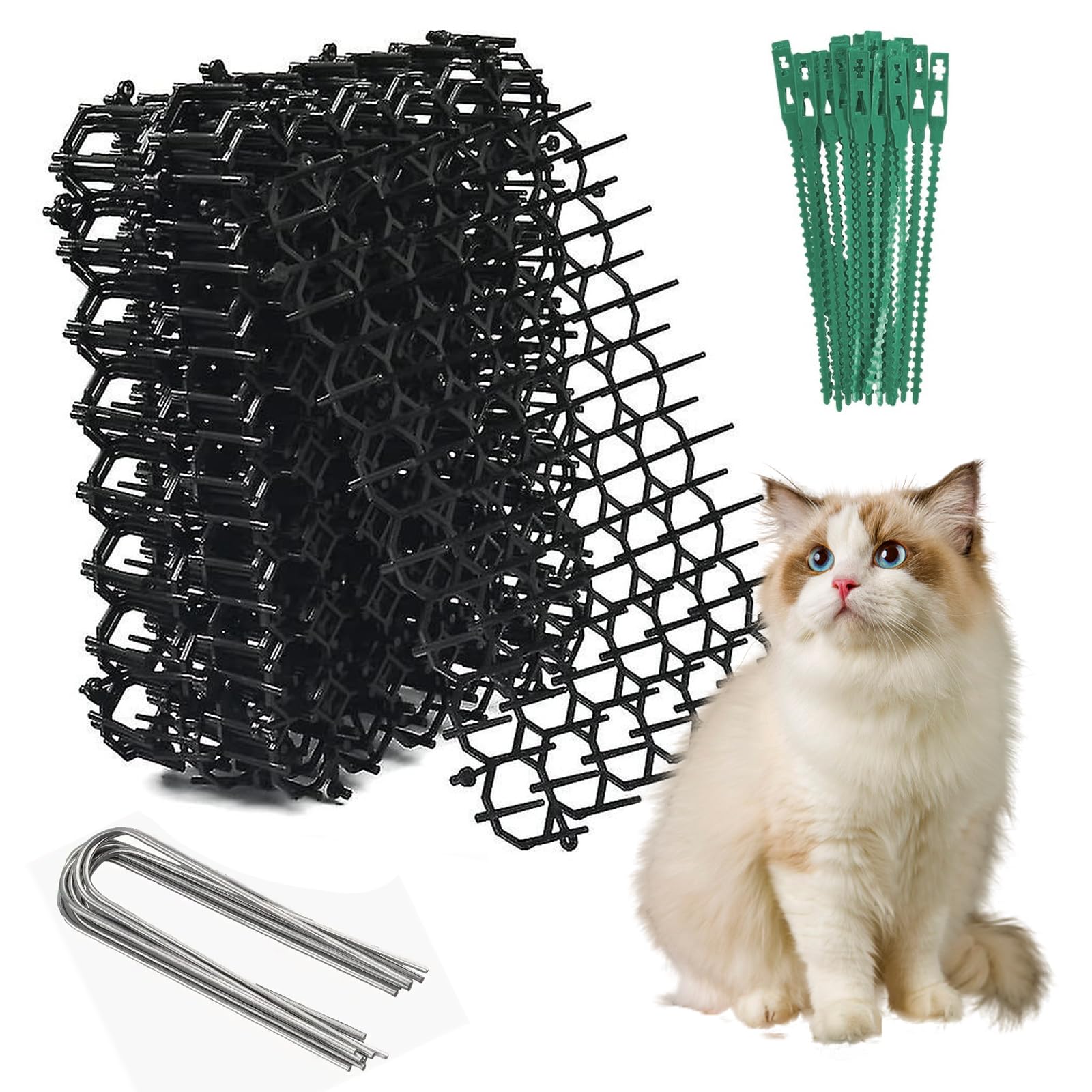 15 Pcs Cat Scat Mat with Spikes,15.5 * 20cm Cat Repellent Mat with Spikes Anti Cat Dog Deterrent, Prickle Strip Dig Stopper Stirp Pet Deterrent Net with 8 U-Shaped Pegs and 15 Cable Ties for Garden