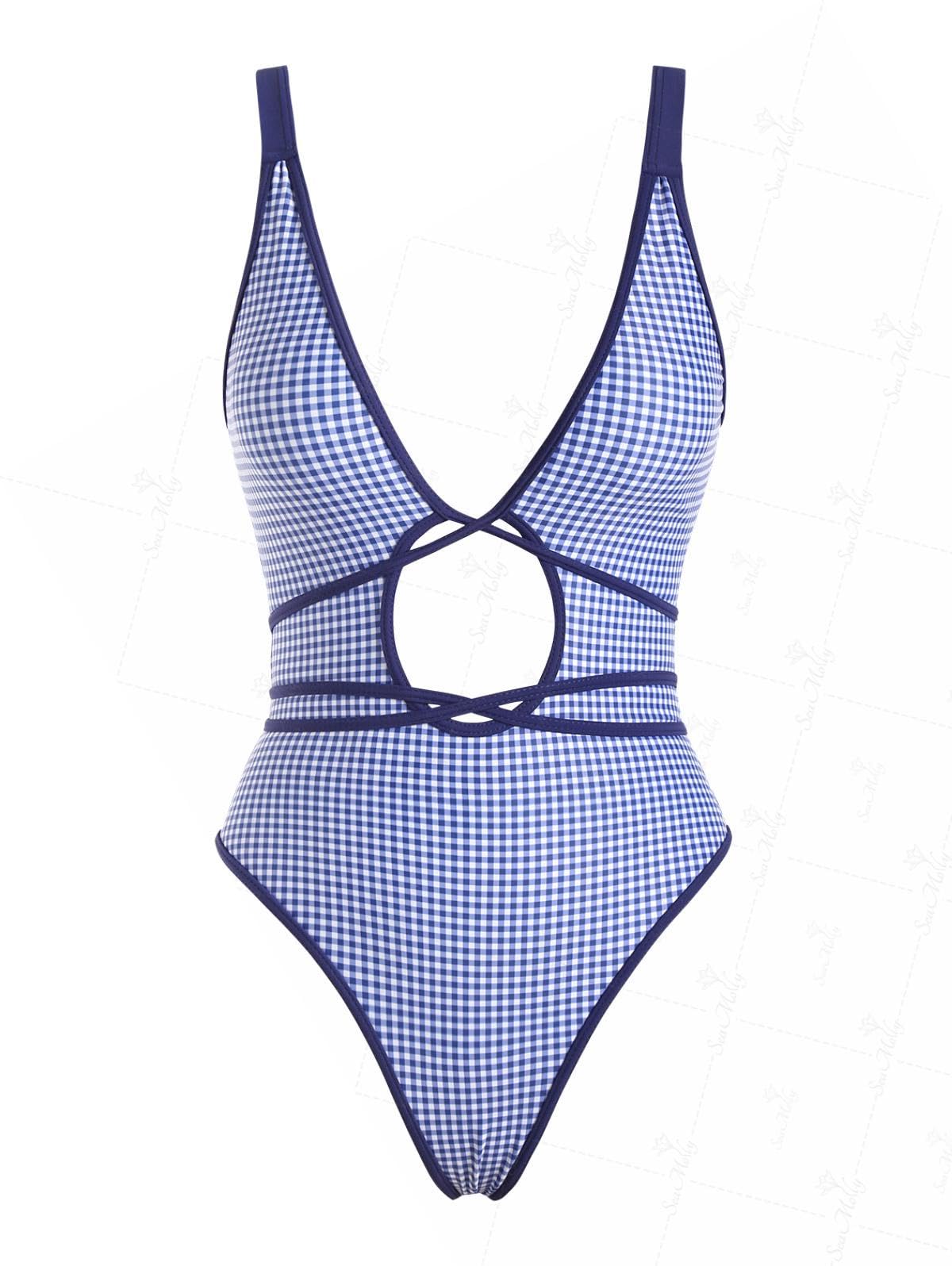 Photo 1 of seamoly Blue Gingham Tie Around Criss Cross Backless Plunging Neck One-Piece Swimsuit, Blue, L