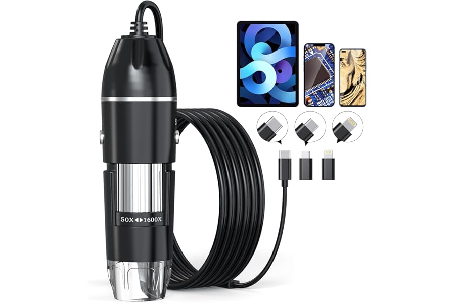 USB Digital Microscope, 50x-1600x Magnification Handheld, 1920P HD 8 LED Lights, Portable Pocket Microscope, Compatible with iOS and Android Devices, +2MP Magnifier Camera, No PC Support