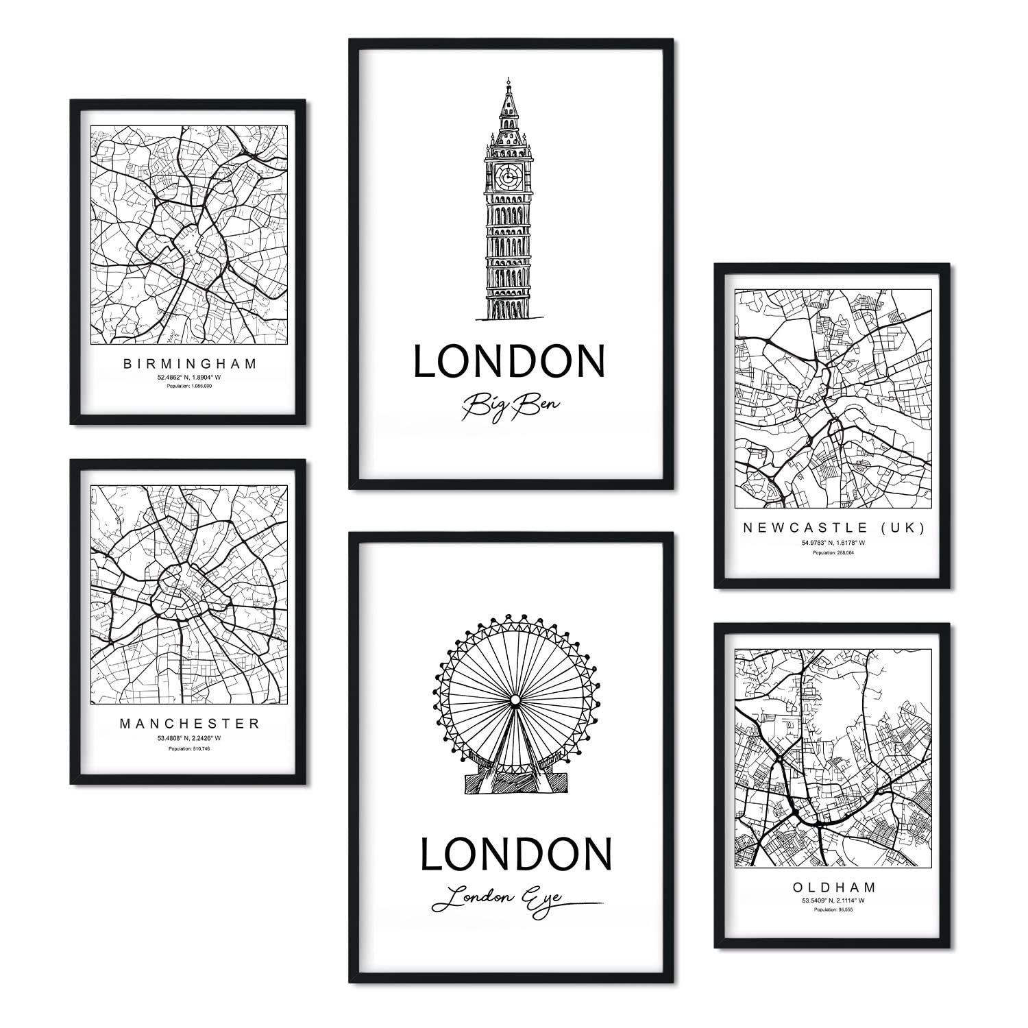 Nacnic Set of 6 prints of UK 2. Aesthetic posters of maps and monuments in Black and White for your home, business, office. Nordic style interior decoration. A4 and A3 sizes. Without frame.