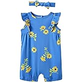 Minicoco Baby Girl Romper 100% Cotton Breathable Soft with Headband, Sleeveless Summer Outfits for Newborn Infant 0-24 Months