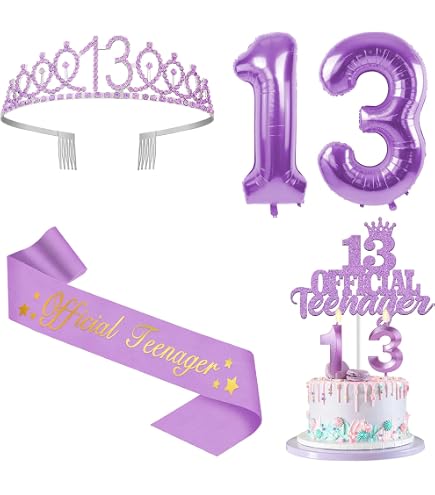 13th Birthday Tiara & Sash Set - Glitter Rhinestone Crown & Official Teenager Sash For Girls