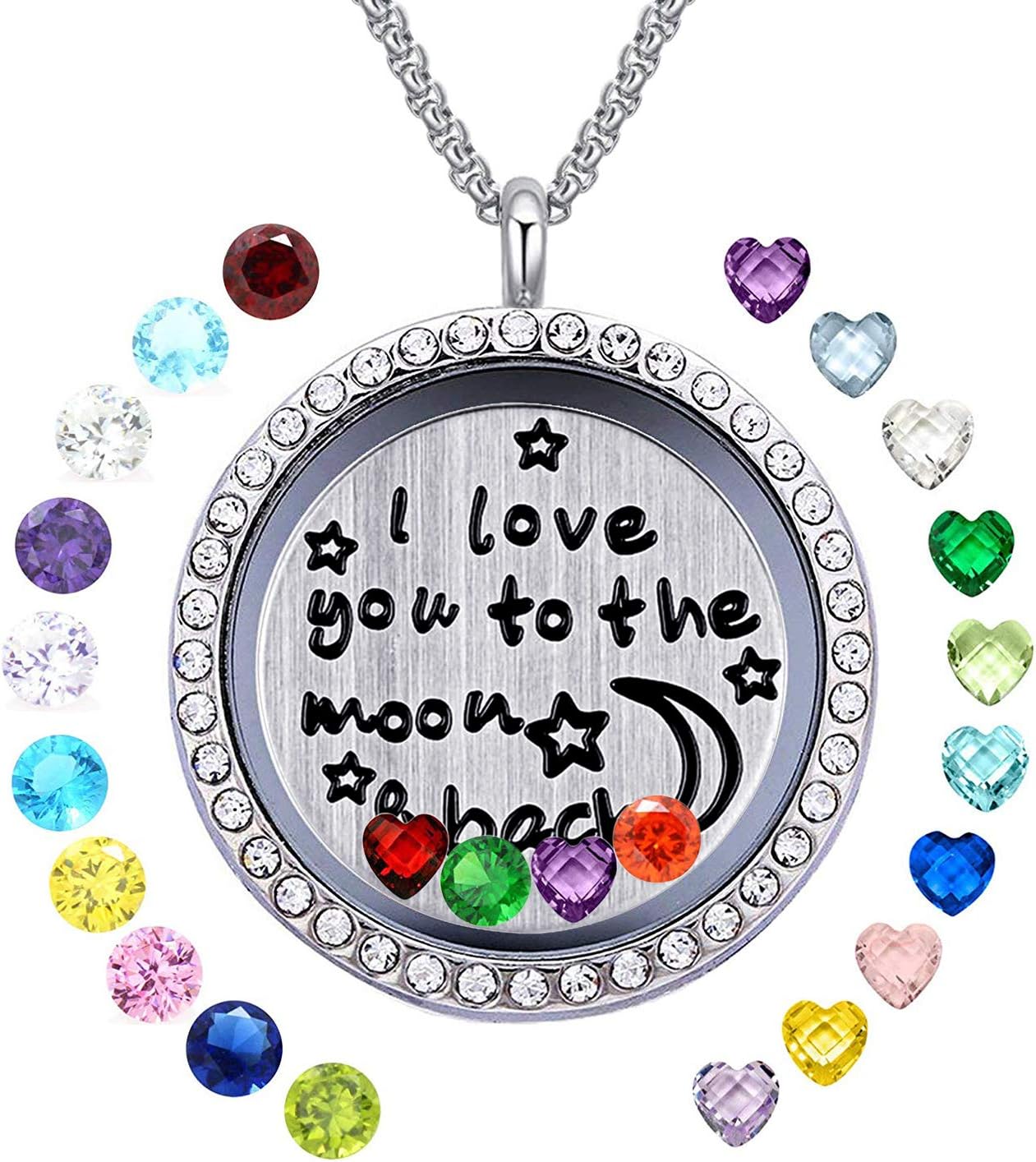 XingYue Jewelry Family Tree Floating Charm Locket Love You to The Moon and Back Birthstones Necklace