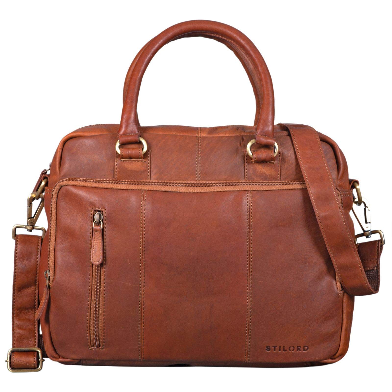 STILORD "Adam" Vintage Laptop Bag 13.3 inch Leather MacBook Air Pro Handbag Shoulder Bag Large A4 for Business Office University in Genuine Buffalo Leather Colour:Cognac-Brown