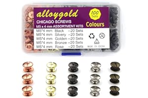Alloygold 100 Sets Chicago Screw Kit 5 Color Leather Rivets Screw Rivets Chicago Screw Buttons DIY Leather Trim Black Silver Gold Copper Rose Gold （M5*4）…