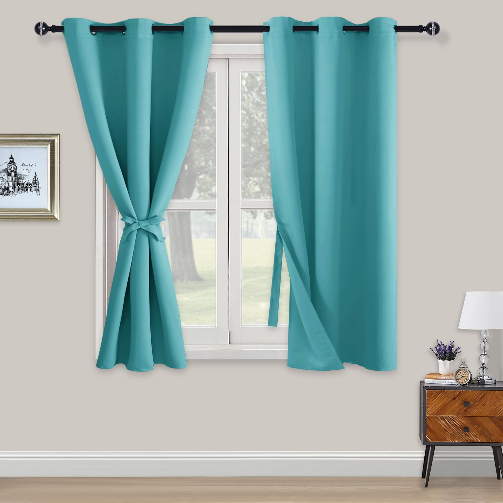 XWZO Blackout Curtains Shades Window Curtain Panels with Tiebacks- Noise Reduction and Thermal Insulated Eyelet Curtains for Bedroom,Living Room,Office,Study Room Turquoise W46xL54