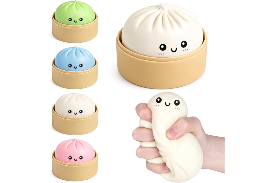 Upgraded Mystery Dumpling Squishies with Box - Crazy Fun Bao Bun Stress Ball - Sensory Food Squeeze Toys for Stress Relief - Textured Squeeze Fidget Toy for Birthday Gifts / Party Favors (White)