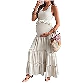 OYOANGLE Women's Maternity 2 Piece Outfits Crochet Fringe Halter Crop Top and Smocked Tiered Long Skirt Set
