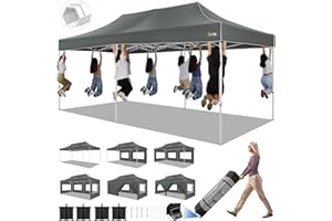 HOTEEL 10x20 Pop Up Canopy Tents for Parties, 10 by 20 Canopy with 6 Sidewalls Heavy Duty Commercial Instant Event Canopy Tent with Roller Bag & 4 Sand Bags, Grey(Frame Thickened & Waterproof)