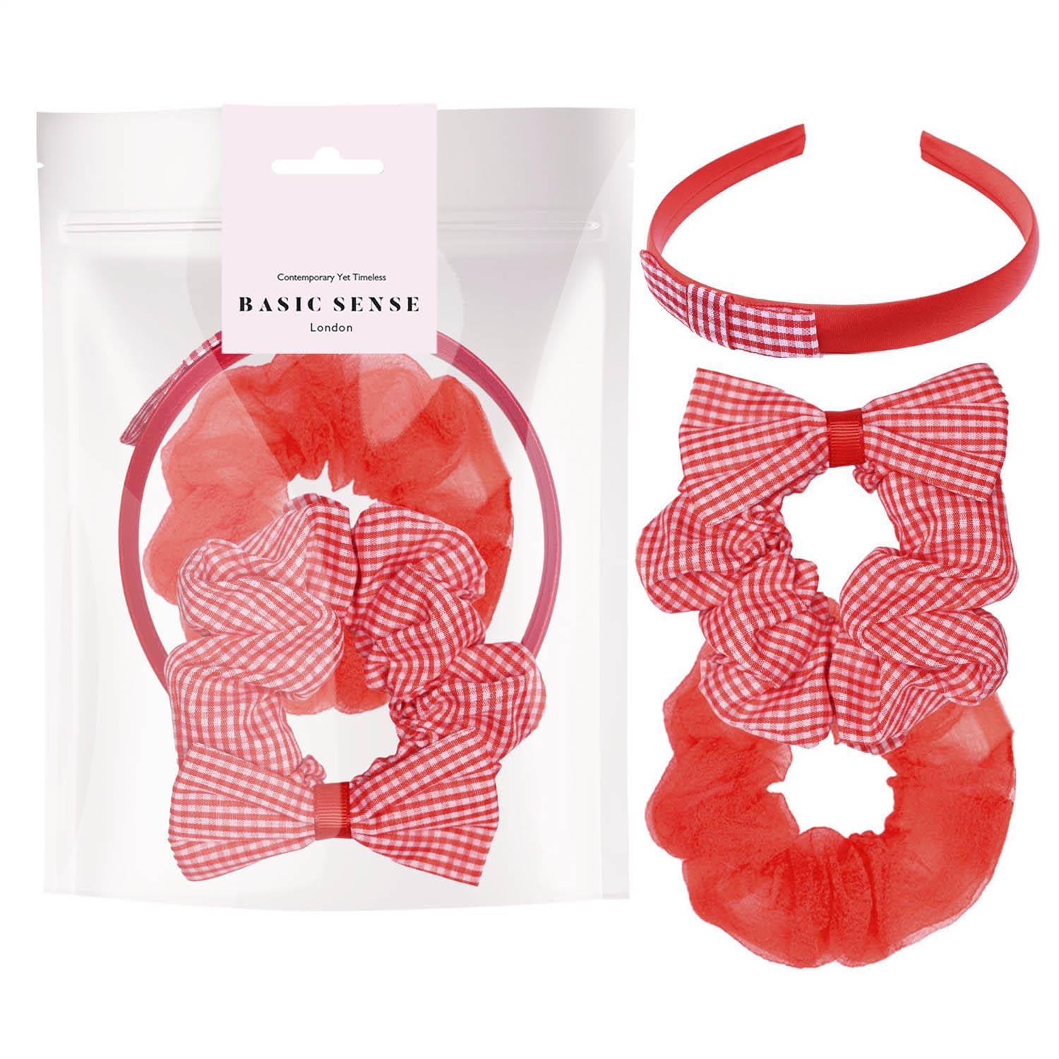 Basic Sense Gingham Check Hair Accessories Set, Hair Scrunchies, Headband, Aliceband for School Uniform, Red — image 1