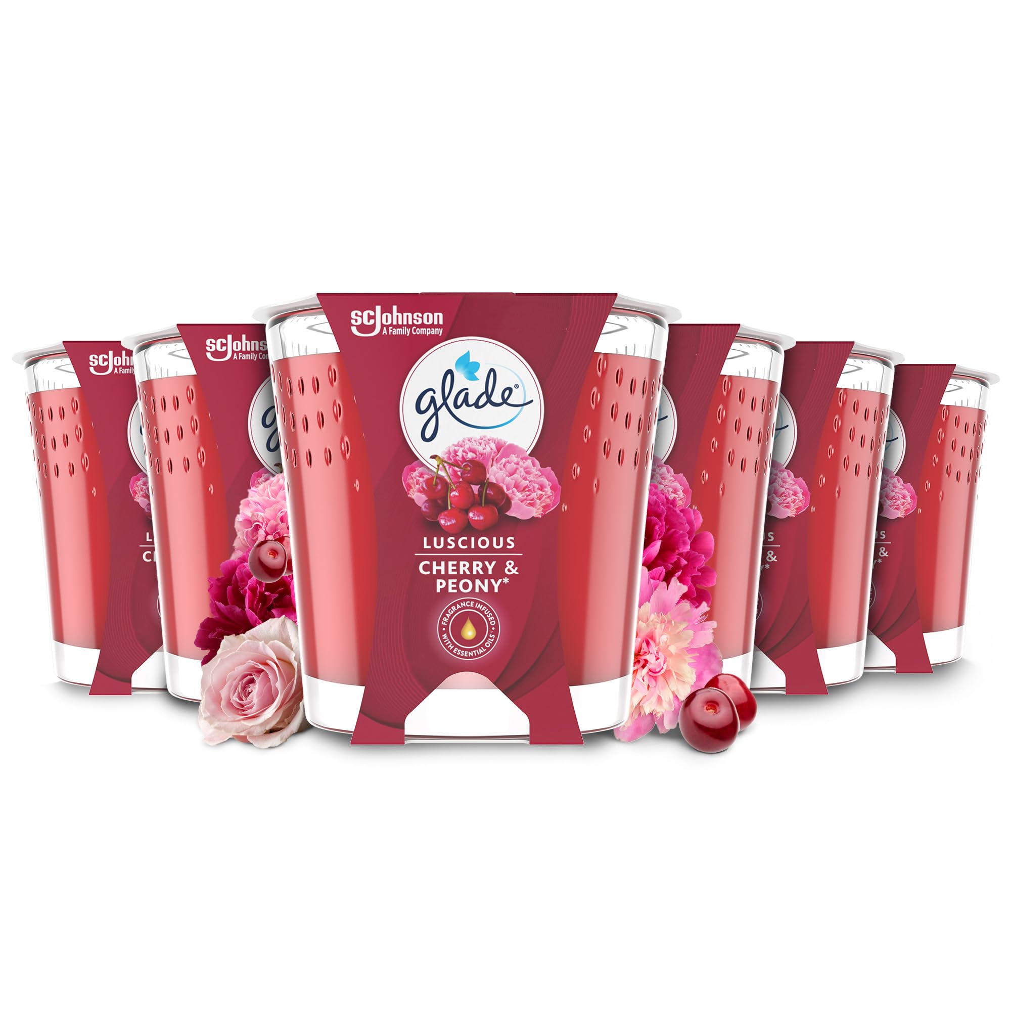 Glade Jar Candle, Scented Candle Infused with Essential Oils, Up to 42 Hour Burn Time, Cherry & Peony, Pack of 6 (6 x 129g)