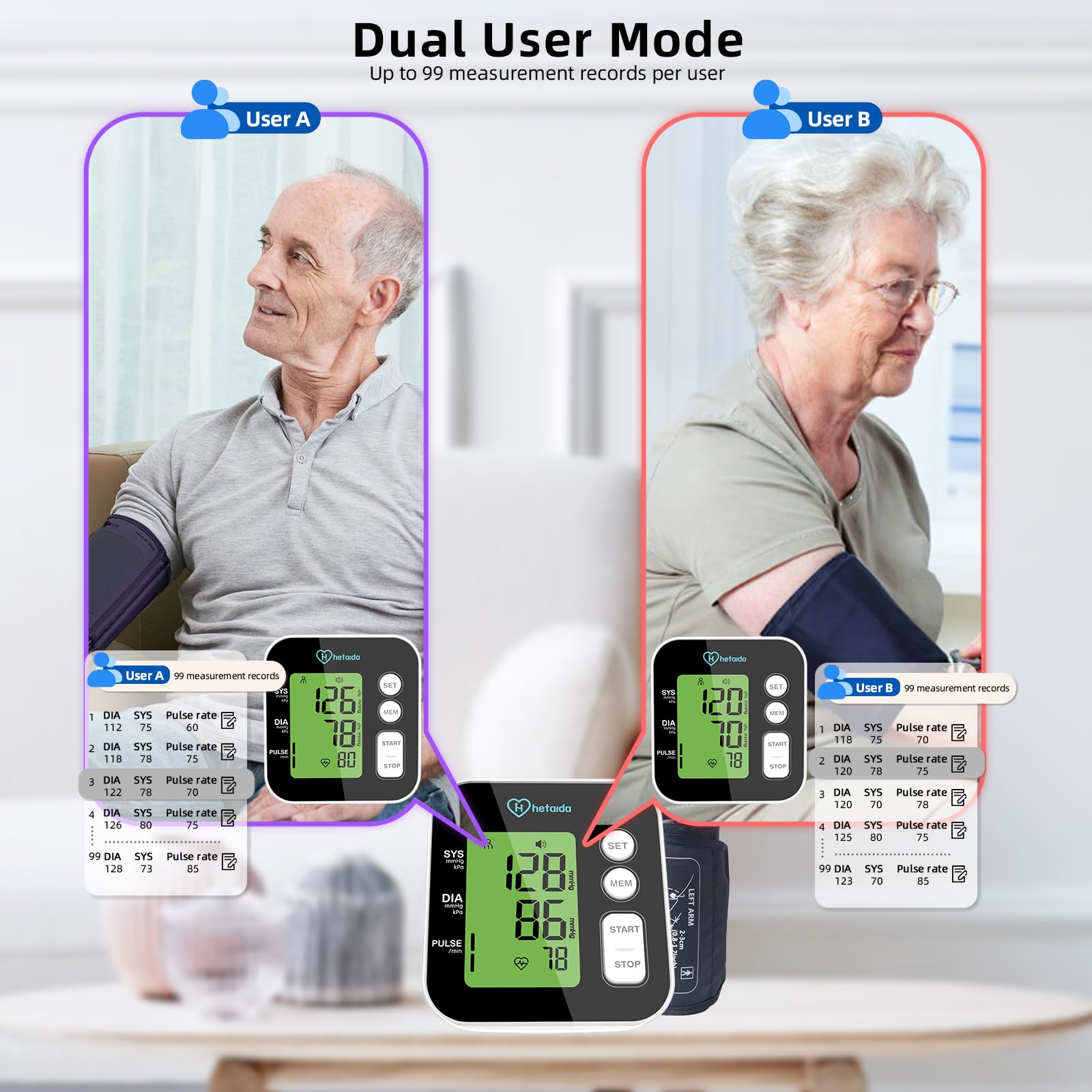 Blood Pressure Monitor, Upper Arm Blood Pressure Machine for Home Use, Digital Talking BP Monitor with 2x99 Readings Memory Adjustable Cuff 8.7