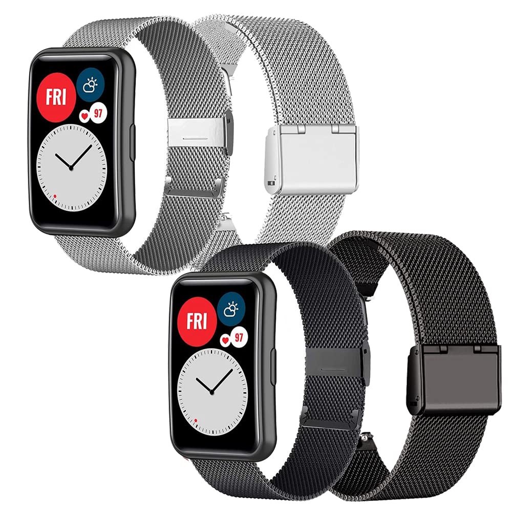 Compatible with Huawei Watch Fit Bracelet Metal Replacement Strap Stainless Steel Quick Release Watch Strap for Huawei Watch Fit Elegant Mesh Woven Metal Strap (Silver + Black, Watch Fit)